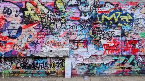 Wallpaper Mural Urban decay backdrop with vibrant graffiti art splashed across weathered brick wall Torontodigital.ca