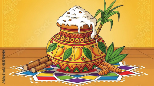 Traditional indian festival decorated pot with white substance and fruits, turmeric roots and palm leaf on colorful mat