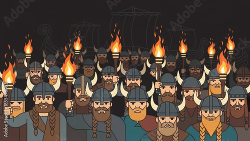 A group of angry cartoon vikings with torches and horned helmets standing together at night with a dark background