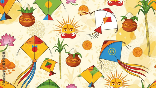 Colorful kites, potted plants, lotus flowers and smiling suns in a festive pattern, celebrating a joyful cultural event or traditional holiday with vibrant illustrations