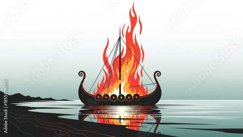 Viking longboat on fire, burning ship sailing on calm sea with rocky shoreline and serene background, dramatic flames engulfing vessel