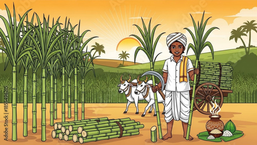 A man in traditional indian clothing holds sugarcane, standing with oxen and a cart in a tropical field at sunset, surrounded by palm trees and bamboo