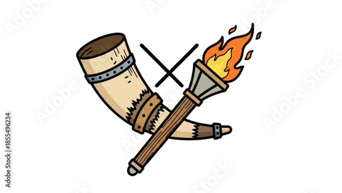 A medieval torch and battle horn with a fiery flame and metal bands on a white background with crossed lines