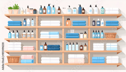Organized wooden shelves displaying various bathroom and personal care products with neatly folded towels and small plants.