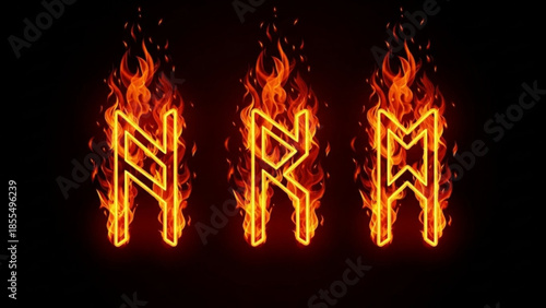 Neon flame letters n r m glowing bright orange on dark background vector graphic