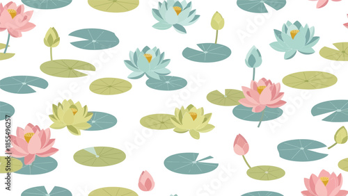 Colorful illustration of pink and green lotus flowers with lily pads on a white background in a floral pattern.