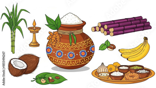 Pongal festival traditional indian food items, sugarcane, coconut, banana, rice, and sweets on a decorative plate, pongal celebration ingredients, indian harvest festival