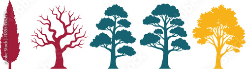 Stylized Tree Silhouettes in Red, Teal, and Yellow – Botanical Diversity Illustration for Seasonal and Species Variation