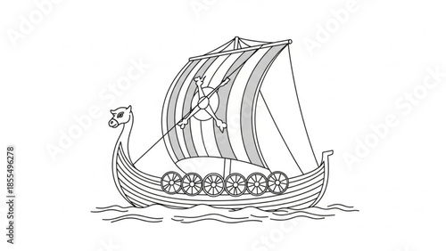 Viking longboat sailing on water with sail up and warrior standing, ancient norse ship with dragon head bow and wheels along side, historical illustration