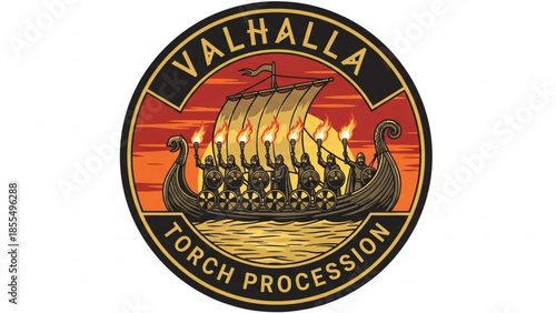 Viking longboat with torches sailing on water at sunset, valhalla torch procession, nordic mythological scene with warriors