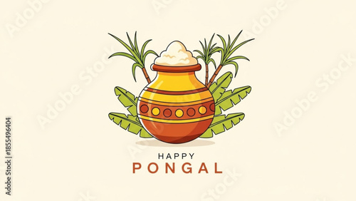 Happy pongal festival celebration with traditional indian earthen pot and palm leaves on beige background