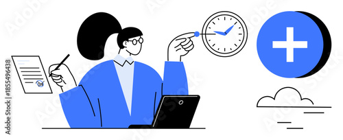 Time management concept. Professional managing tasks and deadlines with a clock, laptop, and documents. Efficient time management promotes productivity and planning. Great for productivity apps