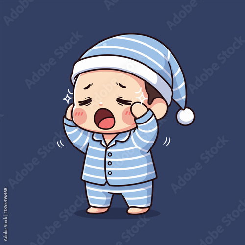 Cartoon Baby in Pajamas Yawning and Rubbing Eyes.