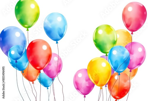 Watercolor-style illustration of colorful balloons floating against a white background, red, set