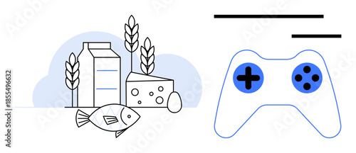 Nutrition, gaming, digital health, food industry, lifestyle, balance. Milk carton, cheese fish wheat and game controller illustration. Focus on nutrition and gaming interaction concept