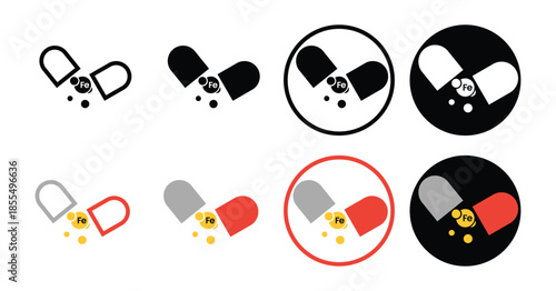 Iron Supplement Capsule Icon Set - Fe Vitamin Mineral Pills and Nutrition Supplement Symbols for Health and Wellness