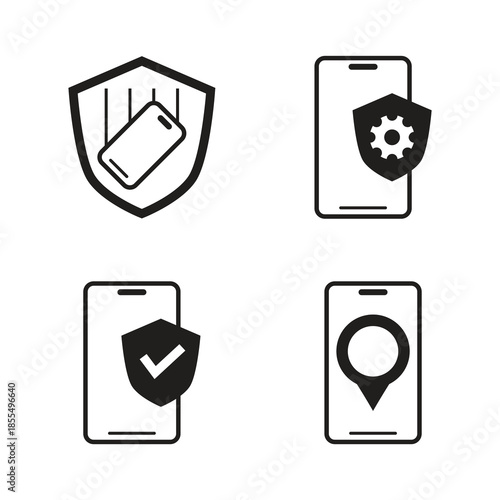 Mobile protection shield and gps location solid icon set