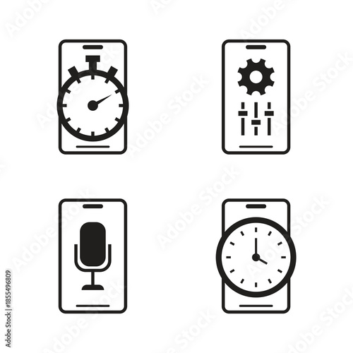 Mobile timer settings and voice recording solid icon set