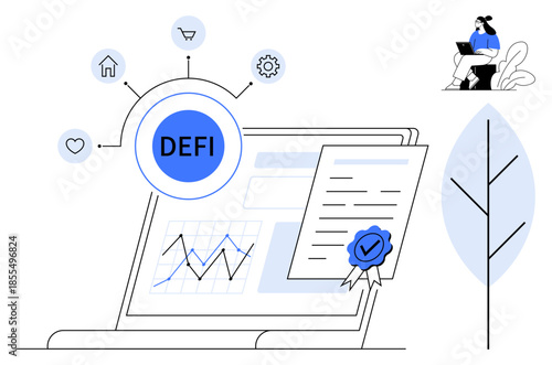 Decentralized finance concept. Decentralized finance with blockchain certification, financial analytics, and digital tools. Decentralized finance transforming global transactions. Ideal for fintech