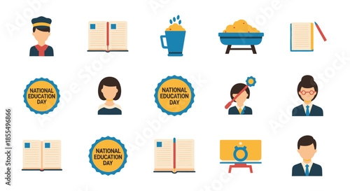 Diverse flat design education icons set with students teachers books and awards.