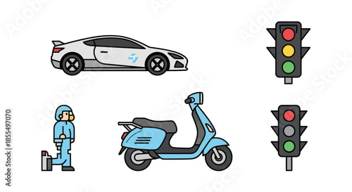 Transportation and Safety Icons Collection: Car Scooter Hazmat Suit Traffic Lights.