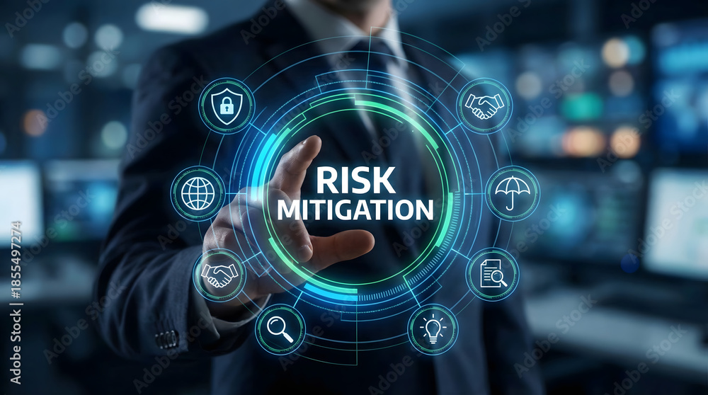 Fototapeta premium Professional,businessman,gesturing,towards,floating,safety,symbols,on,virtual,hologram,for,corporate,risk,management,concepts,representing,security,strategy,and,financial,safety,planning