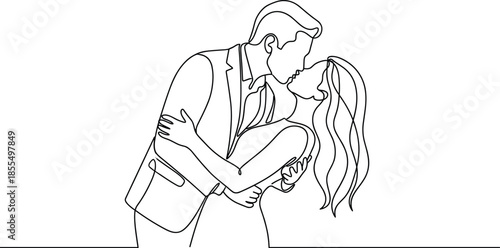 Minimalist line art couple kissing, romantic love illustration, elegant continuous line drawing, wedding romance concept, modern outline art style