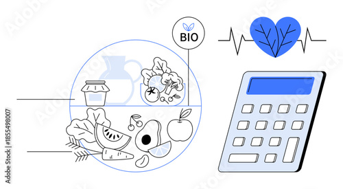Nutrition planning, wellness, health tracking, sustainability, organic living, calorie counting. Fresh fruits and vegetables with a bio label, calculator and heart symbol. Nutrition planning