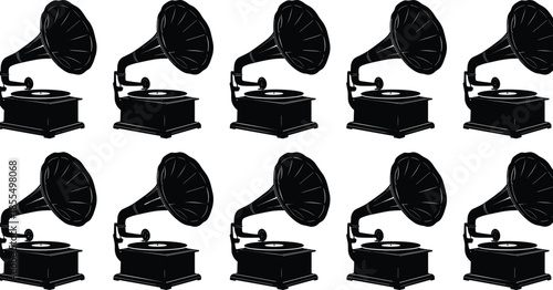 WebGramophone, silhouette, set, vintage, phonograph, music, retro, antique, record, player, audio, classic, black, vector, illustration, isolated, collection, flat, design, icon