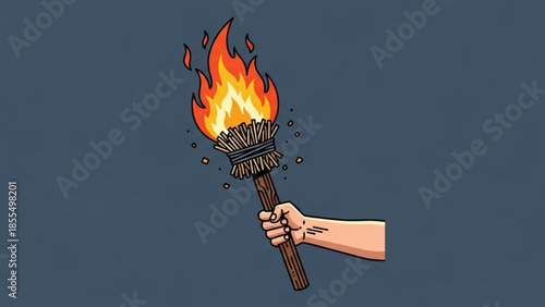A hand holding a burning torch with vibrant orange and yellow flames on a dark blue background, symbolizing passion and energy