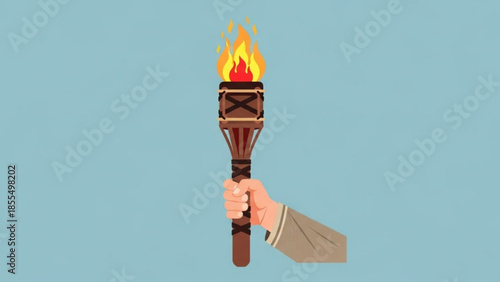 A hand holding a wooden torch with a bright flame on top against a light blue background, symbolizing guidance and leadership