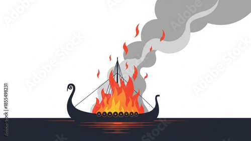 A dramatic viking longboat engulfed in flames on water with smoke rising high