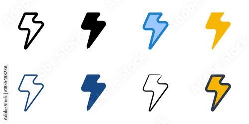 Bolt icons set multiple style collection. Editable stroke 
