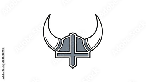 Viking helmet with horns, grey and white illustration, nordic warrior crest, ancient norse symbol, graphic design element, vector art, mythology, historical, ornamental