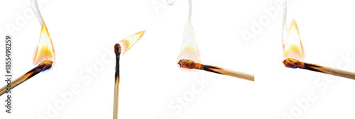 Set of Burning Matchsticks with Bright Flames and Smoke, Oil Paint Style, Isolated on Transparent Background, PNG