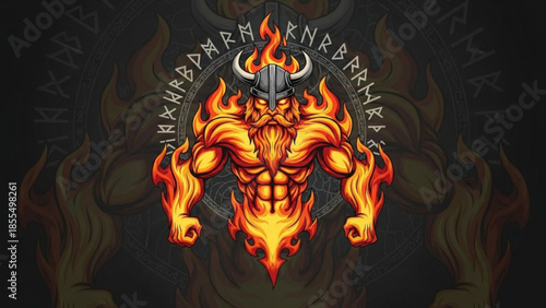 Viking warrior with flaming beard and muscular torso in horned helmet, fantasy illustration with runes on dark background