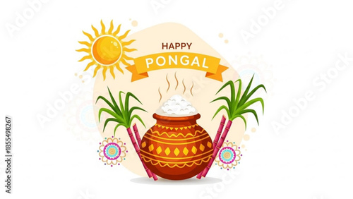 Happy pongal festival celebration with traditional earthen pot, sugarcane, and sun symbol, indian harvest festival