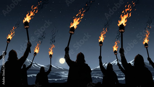 People holding torches up at night with a mountain range and full moon in the background, a dramatic and symbolic scene of unity and protest