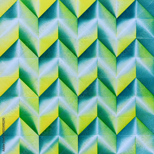 Folded spray painted colorful paper art, Japanese origami background texture, abstract geometric pattern artwork