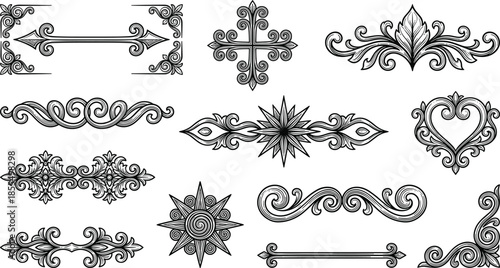 Black ornamental decorative elements set vintage baroque scroll arrows crosses stars hearts classic cad drawing flat vector illustration