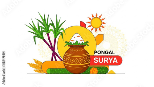 Pongal festival celebration with traditional pot, sugarcane, and sun symbol, representing surya, indian harvest festival
