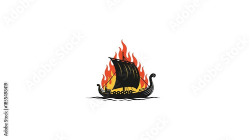 A black viking ship on fire with flames engulfing the hull and sail on water