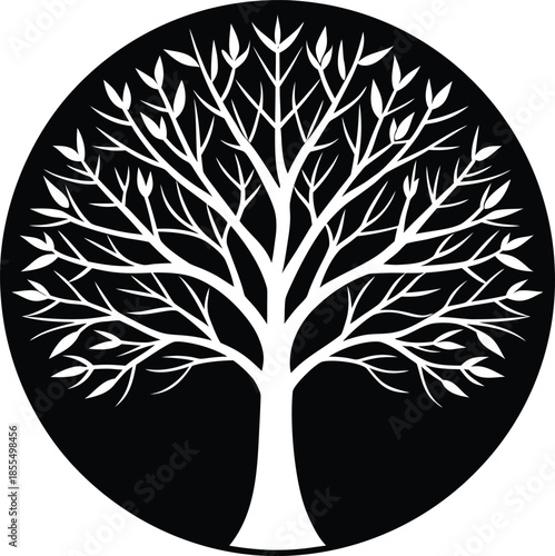 White Tree Silhouette Inside Black Circle Vector 1