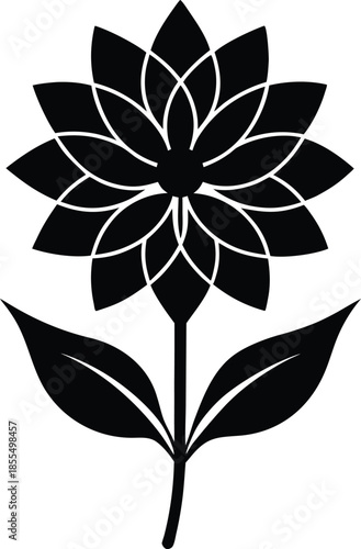Black flower silhouette with white outlines and green leaves vector
