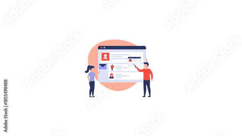 Two people interacting with a digital interface showing profiles and achievements.