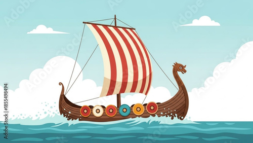 Viking longship sailing on ocean with striped sail and dragon head prow against cloudy sky