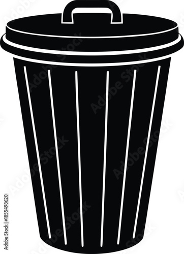 Black trash bin silhouette with handle and vertical lines