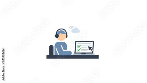 Person wearing headset working on computer with checklist on screen.
