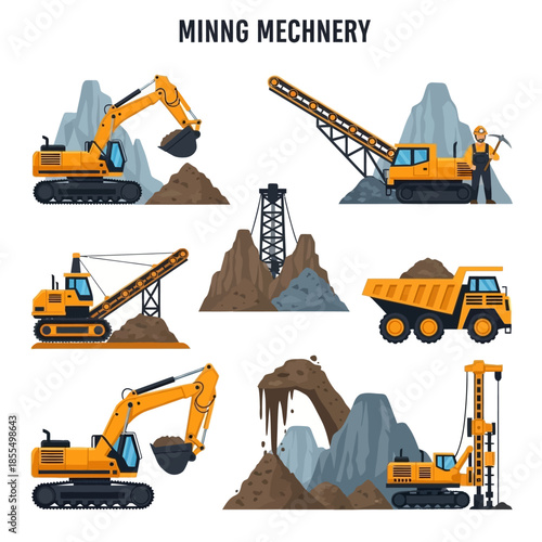 Collection of various heavy mining machinery and equipment, including excavators, dump trucks, and drilling rigs, set against rocky landscapes.