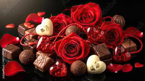 A romantic assortment of rich dark chocolates and vibrant red roses, adorned with sparkling heart-shaped ornaments, perfect for expressing love and affection on special occasions